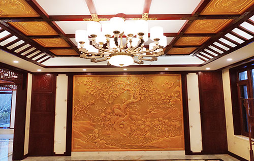 屏南中式别墅客厅中式木作横梁吊顶装饰展示